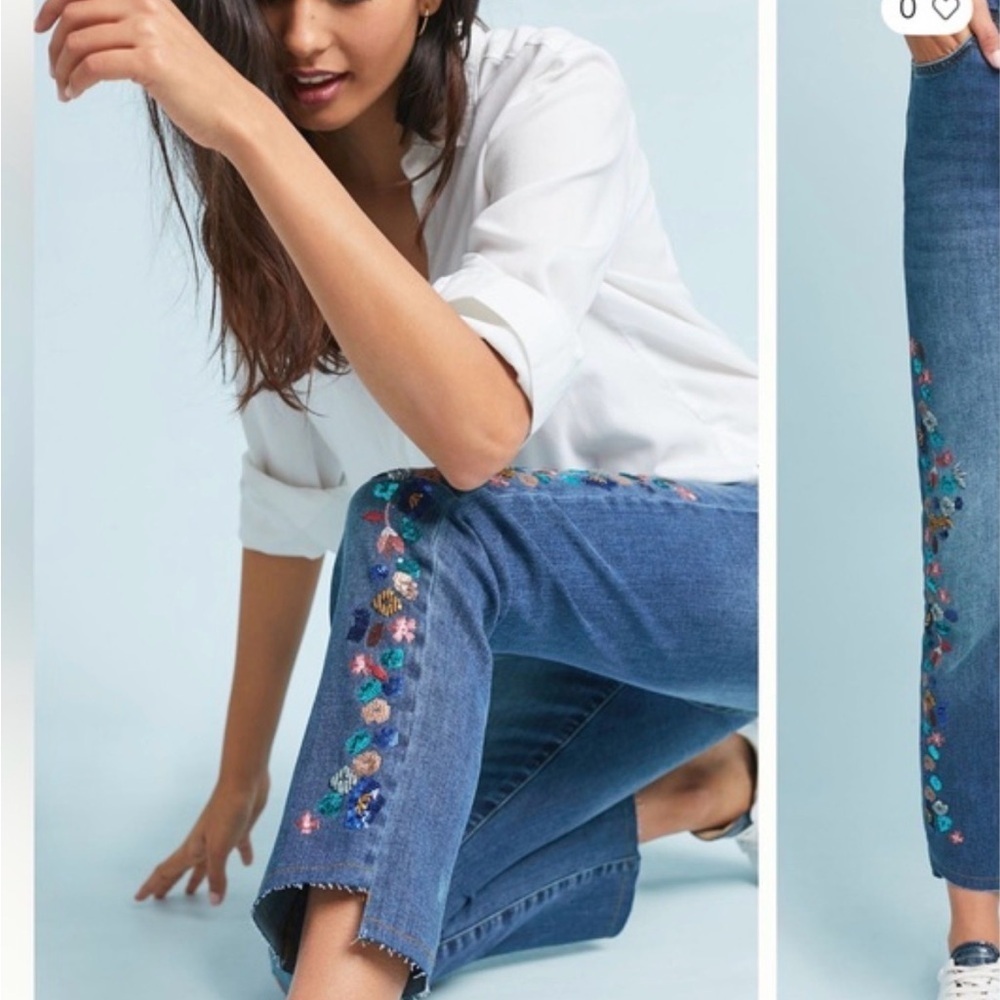 Anthropologie Blue Jeans with Colorful Floral Accents